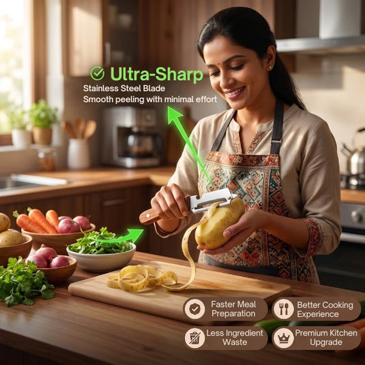 PurePeeler™ – Stainless Steel Vegetable Peeler | Wooden Handle + Bottle Opener | Rust-Free