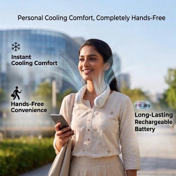 NeckFan™ – Wearable Bladeless Neck Fan | 360° Hands-Free Cooling | Rechargeable & Quiet