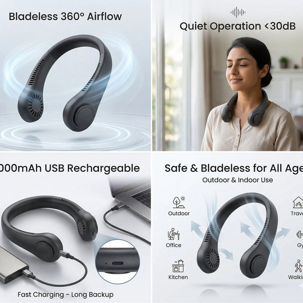 NeckFan™ – Wearable Bladeless Neck Fan | 360° Hands-Free Cooling | Rechargeable & Quiet